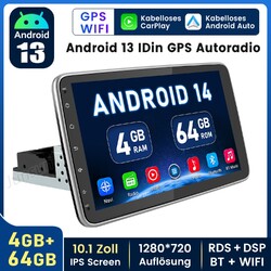 1 DIN 10.1 Zoll Android 14 Autoradio mit Apple Carplay GPS NAVI WIFI BT HIFI DSP