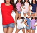 Damen Kurzarm T-Shirt TShirt Bluse Rundhalsausschnitt Basis Shirt Unifarbe Top