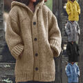 Lange Dicke Damen-Strickjacke Mit Kapuze Wintermantel Strickpullover TY
