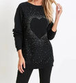 FRAUEN DAMEN MÄDCHEN PULLI PULLOVER NEU!  HERZ  BESATZ FLEDERMAUSÄRMEL Gr. 44/46