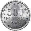 Deutsches Reich - Münze - 500 Mark 1923 F - Aluminium - Stempelglanz UNC