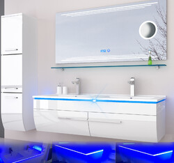 Doppelwaschbecken Badmöbel Set schwarz oder weiss hochglanz Kosmetik LED Uhr Bad *****Vormontiert, Softclose, LED Touch, Hochglanz ****