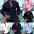 Herren Freizeit Langarm Knopfleiste Bluse Henley V Ausschnitt Tops T Shirts