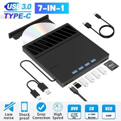7 in 1 Externes DVD CD Laufwerk USB-3.0+Type-C Brenner Player mit USB/SD/TF Port