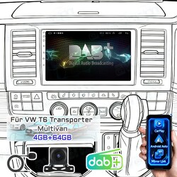 4+64GB DAB+ Carplay Für VW T6 Transporter Multivan Android 15 Autoradio BT GPS