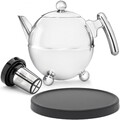 Teekanne 1.5 Liter Edelstahl doppelwandig & Tee-Filter & Holzuntersetzer schwarz