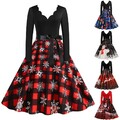 Damen Weihnachtskleid Langarm Festkleid A-Linie-Kleid Swingkleid Xmas Partykleid