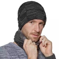 Herren Damen Beanie Mütze und Loop Schal Strickmütze mit Fleece Gefütterte Set