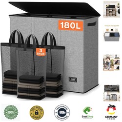 Großer Wäschekorb 180L mit 3 Fächern, Wäschesammler, Deckel, robust, , modern...