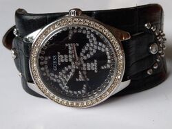 Guess Ladies Watch Damen Uhr  W1140L1 Black Leather Strass Glitzer
