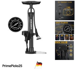 Fahrradpumpe Edelstahl mit Manometer für alle Ventile, 160 PSI, Standpumpe