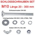 Schlossschrauben SET M10 verzinkt DIN 603 mit 4 Unterlegscheiben und 1 Mutter