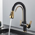 3 Wege Küchenarmatur Schwarz Gold Ausziehbar Brause Trinkwasserhahn Wasserfilter
