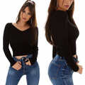 Damen V-Neck Pullover kurz Bodycon Feinripp Langarm Stretch 34 36 Slim-Fit Sweat