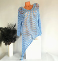 ITALY Tunika Poncho Damen Oversize Grobstrick Loch Pulli Blau Gr. 38 40 42 44