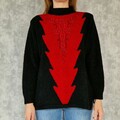 Damen Pullover Strickpullover 42 XL Vintage Schwarz Rot Bestickt Verspielt