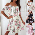 Damen Blumen A-Linie-kleid Sommerkleid Chiffon Kurzarm Schulterkleid Minikleid