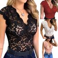 Sexy Damen Spitze V-Neck T-Shirt Oberteile Sommer Slim Tops Ärmellos Bluse Hemd