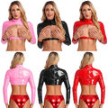 Damen Glänzend Hohl Crop Top Bauchfrei Oberteil Langarm Ledertop Shrug Clubwear