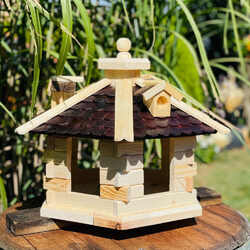 DARLUX Vogel Futter Haus L Futterstelle Sechseck Holz Vogelhaus Natur/Dunkelbrau