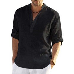 Herren Leinen-Optik Hemd Freizeit Tops Knopf T-Shirt Bluse Langarm Oberteile DE