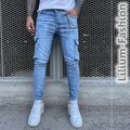 3807 Blaue Jeans Herren Junge Skinny Bikerjeans Jogg Cargo Risse Kette Stretch