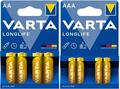 24 Varta Longlife Alkaline Batterien im 4er Blister (12x AA + 12x AAA)