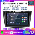 8-Kern 4+64GB Android13 Autoradio CarPlay WIFI GPS 4G Für Suzuki Swift 2011-2017
