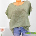 Oversized Italy Damen Shirt 3D Waschung Frontdruck Sterne Khaki  38 40 42 NEU