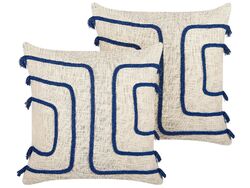 Dekokissen 2er Set mit Füllung Quasten Baumwolle beige / blau 45x45 cm Pleione