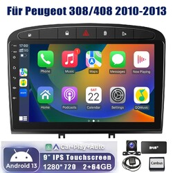 DAB+ 9" Android 13 Autoradio Carplay GPS Navi KAM Für Peugeot 308 408 10-13 64GB