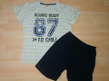 Jungen Sommer Pyjama/Schlafanzug,kurz,Gr.146/152,grau-blau-gelb-gestr,Zweiteiler