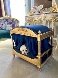Pet Bed Cute French Baroque Style Dog Sofa in Royal Baroque Rococo Style Blue