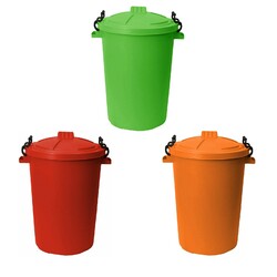 3 x Kunststoff 50 Liter Mülleimer Schwerlast Verschlussdeckel, Limettengrün, Rot & Orange