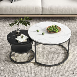 2er Set Couchtisch Rund Marmor Optik Satztisch Beistelltisch Wohnzimmertisch