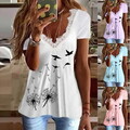 Damen V-Neck Spitze Oberteile Tunika Kurzarm T-Shirt Tops Bluse Sommer Freizeit