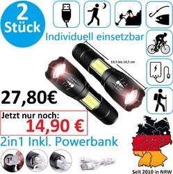 2x LED Taschenlampe Aufladbar USB Super Hell Akku Seitenlicht Powerbank SL303