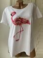 rich&royal Damen Edel-T-Shirt Weiß m. Stickerei Perlen Pailletten FLAMINGO Gr. L