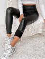 Damen Leder-Optik Thermo Fleece Leggings Hohe Taille Leggins Hose S 38  Schwarz