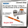 Druckregler für Caravan Wohnmobil 50 mbar Manometer + Schlauch 40cm Propan Gas