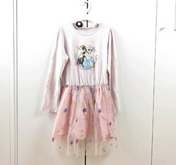 Mädchen Langarm Eiskönigin Kleid mit Pailletten und Gaze Saum Gr. 134/140