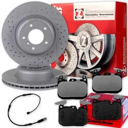 Zimmermann SPORT BREMSSCHEIBEN + BELÄGE VORNE passend für BMW 1er 2er F20-F23VA 340x30mm Geschlitzt + Angelocht // mit Warnkontakt