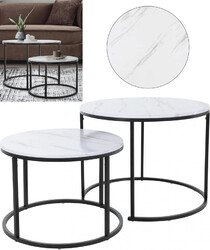 2er Beistelltisch Couchtisch Marmor Optik Weiß Wohnzimmertisch Rund 60x50cm