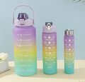 3-teilig Sport Wasserflasche Zeitmarke Strohhalm Fitnessstudio Reise Trinkflasche Sets 2L 1L