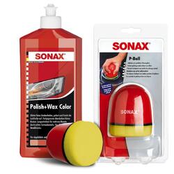 SONAX Polish+Wax Color 500ml Rot + SONAX P-Ball Polierball manuelles Polieren