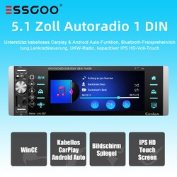 1 DIN Autoradio CarPlay Android Auto Mit 5,1 Zoll IPS Bldschirm Bluetooth AUX FM