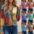 Damen Bluse Reißverschluss V-Ausschnitt Pullover Pulli Tops lässig locker Übergröße Sweatshirts