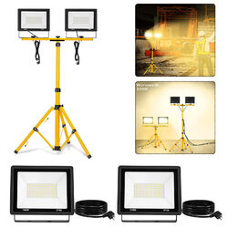 LED 2x 100W Fluter Flutlicht + Stativ Warm Baustrahler Scheinwerfer mit Stecker