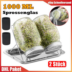 2x 1000ml Sprossenglas Set Keimglas Keimgerät Keimgläser Mit Abtropfschale Satz