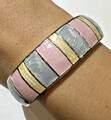 Grob Breit Pink Grau Pearly Emaille Streifen Armreif Armband Push IN Schließe F7